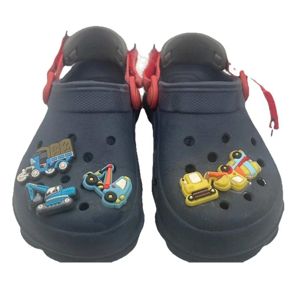 Crocs Kids C11 Preschool Classic Clogs Navy Red Construction Jibbitz Charms Shoe